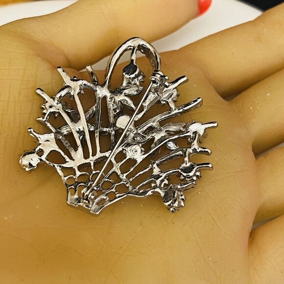Vintage Rhinestone Enamel Flower Basket Brooch Floral Silver Spring Summer 1491 - Picture 7 of 10